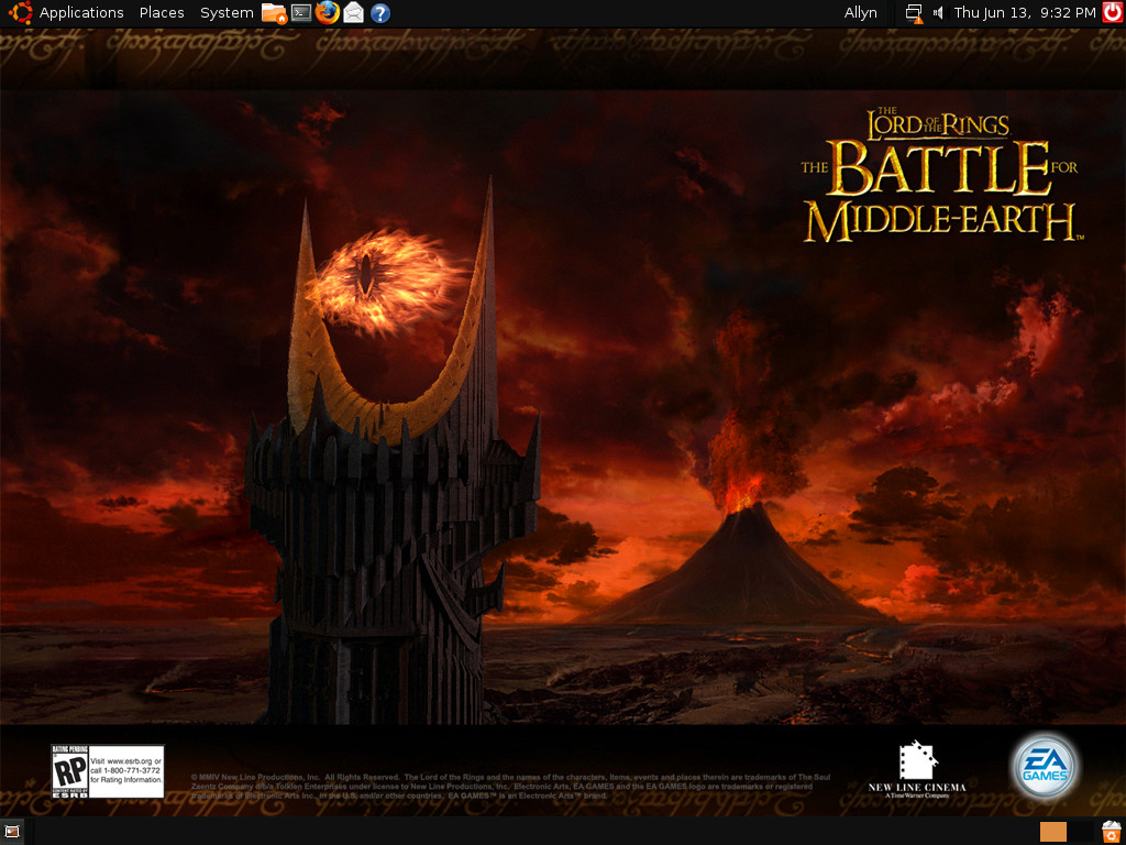 Ubuntu 8.04 virtual machine with a desktop wallpaper from the original Battle for Middle-Earth, showing the Eye of Sauron atop Barad-Dur with Mount Doom in the distant background.